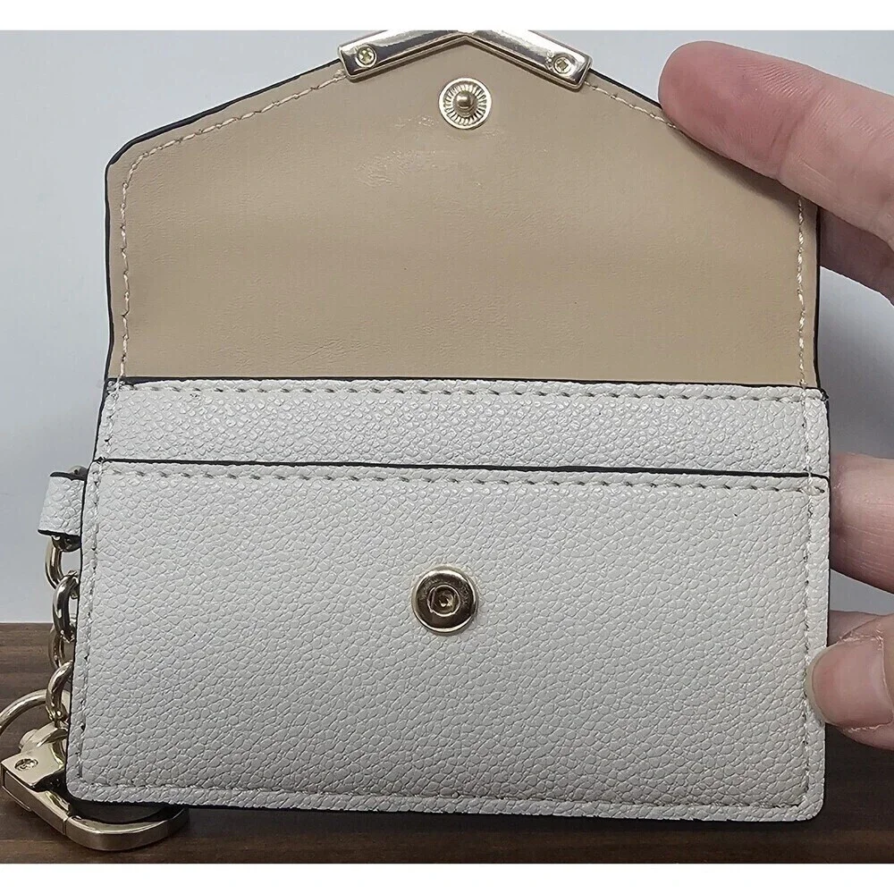 Nine West Off White Gold Accents Card Holder Keychain Faux Leather Snap Closure